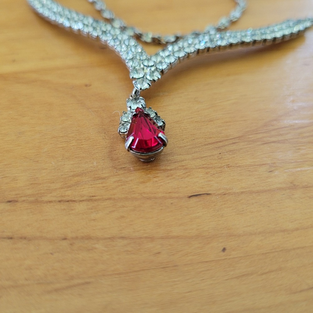 Vintage SPBC Lind Rhinestone Necklace Red Teardrop Pendant Silver Tone